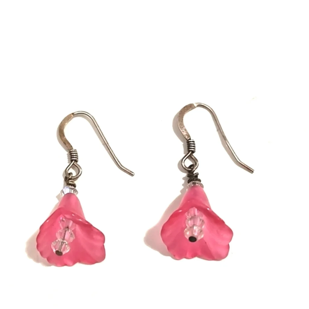 VINTAGE STERLING SILVER PINK FLORAL CRYSTAL DROP DANGLE 1